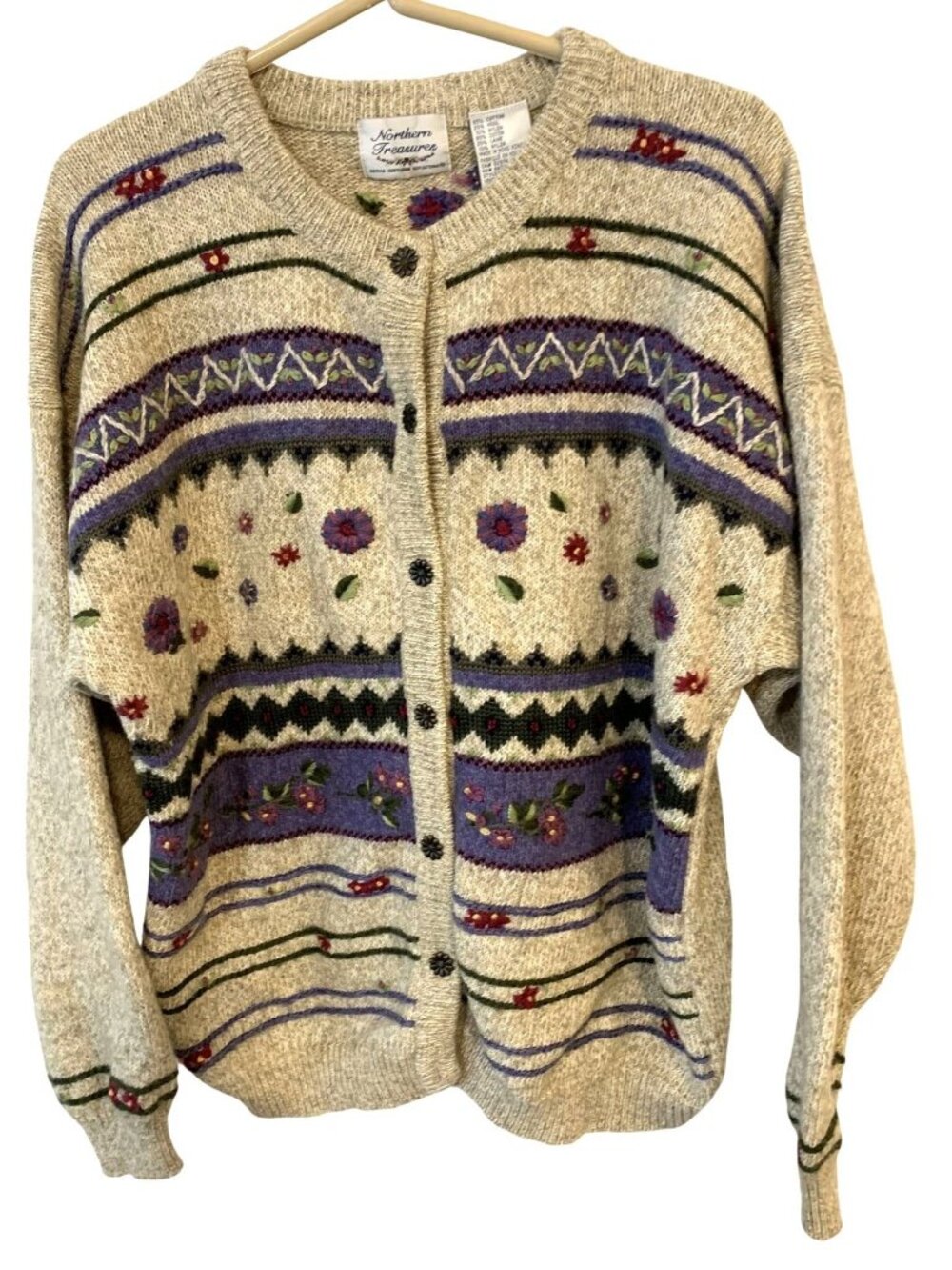 Northern Treasures XL Wool Blend Cardigan Floral Fair Isle Grandmacore Sweater
